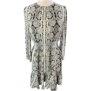 J. Crew Green & Cream Snake skin print Dress w/Long Sleeves & ruffle hem Size M